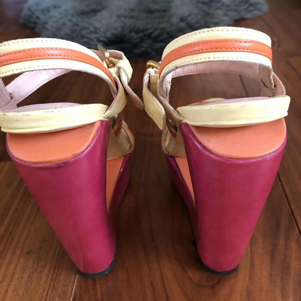Stuart Weitzman Cut-Out Pink Yellow Color Block Wedge Platform Sandals 7.5M - Picture 6 of 11